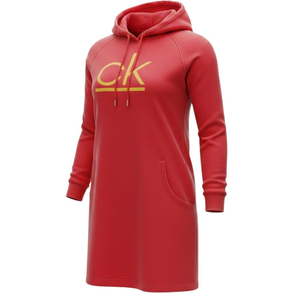 Calvin Klein Performance Womens Red Hooded Sweatshirt Dress Yellow CK Logo L NEW